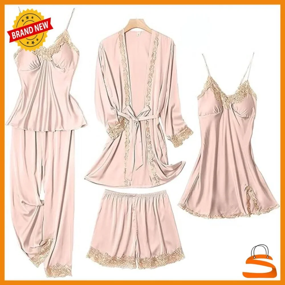 Silk Satin Pajama Set 5-Piece Lace Trim V-Neck Sleepwear Large